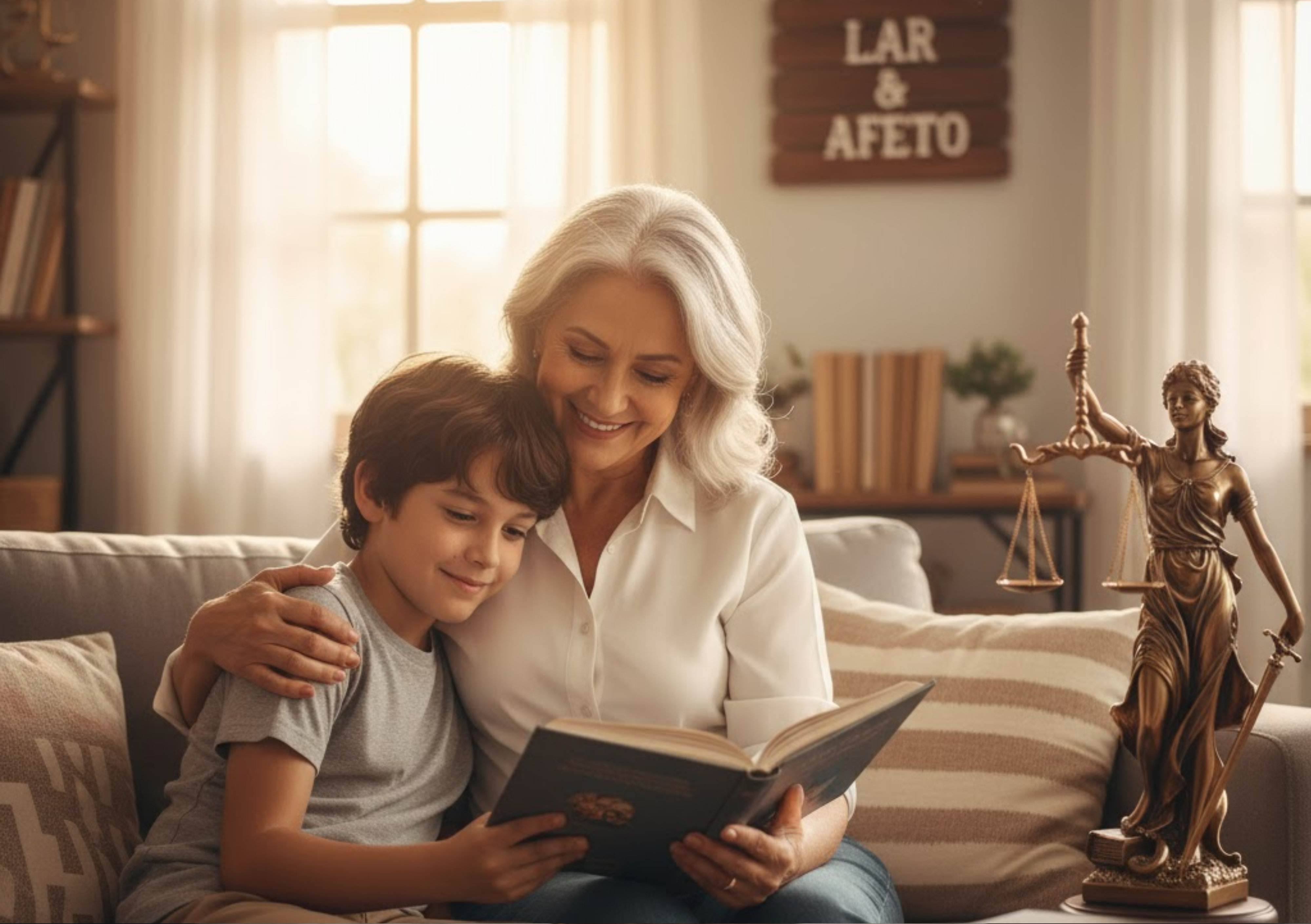 Uma avó de cabelos grisalhos e um neto com cabelo encaracolado estão sentados confortavelmente em um sofá, lendo um livro juntos. A avó abraça o neto, e ambos sorriem, transmitindo afeto e segurança. Em uma mesa de centro, à direita, há um martelo de juiz (malhete) e um livro com a inscrição 