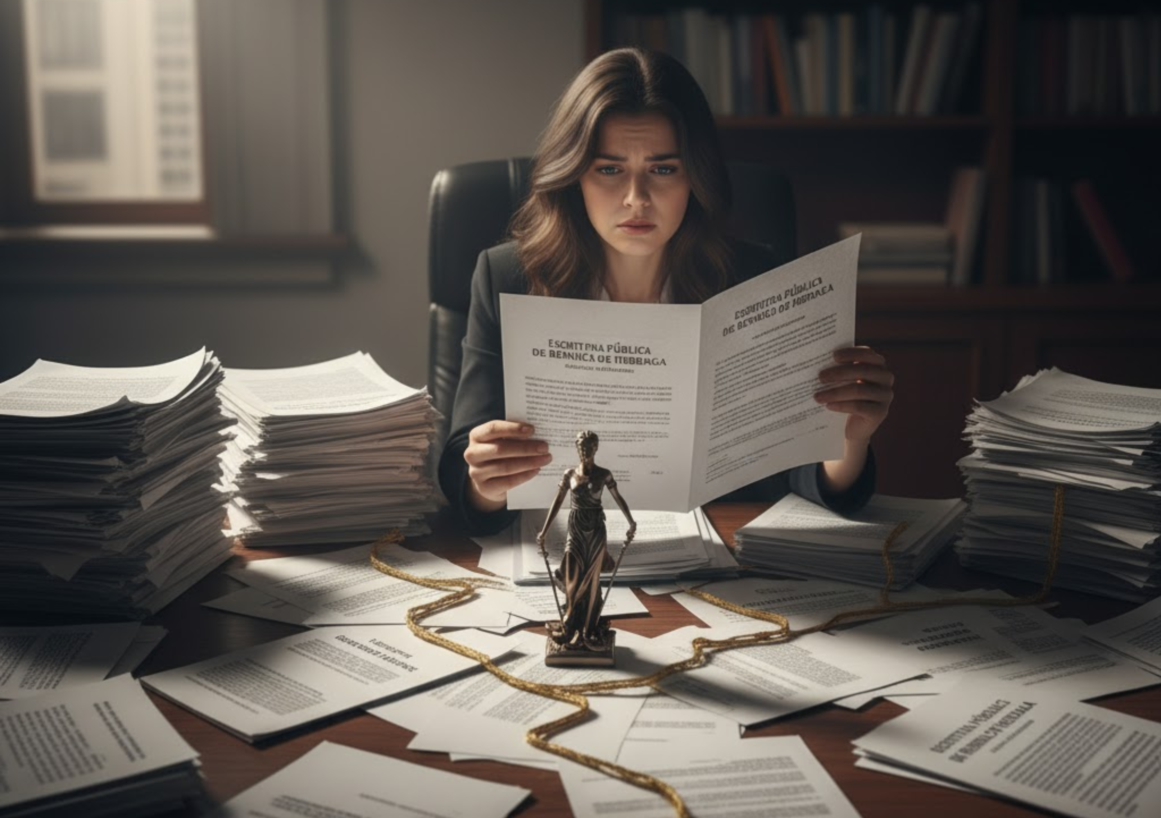 Uma mulher com expressão preocupada senta-se em uma mesa de escritório desorganizada, cercada por pilhas de documentos e papéis legais. Ela segura uma 