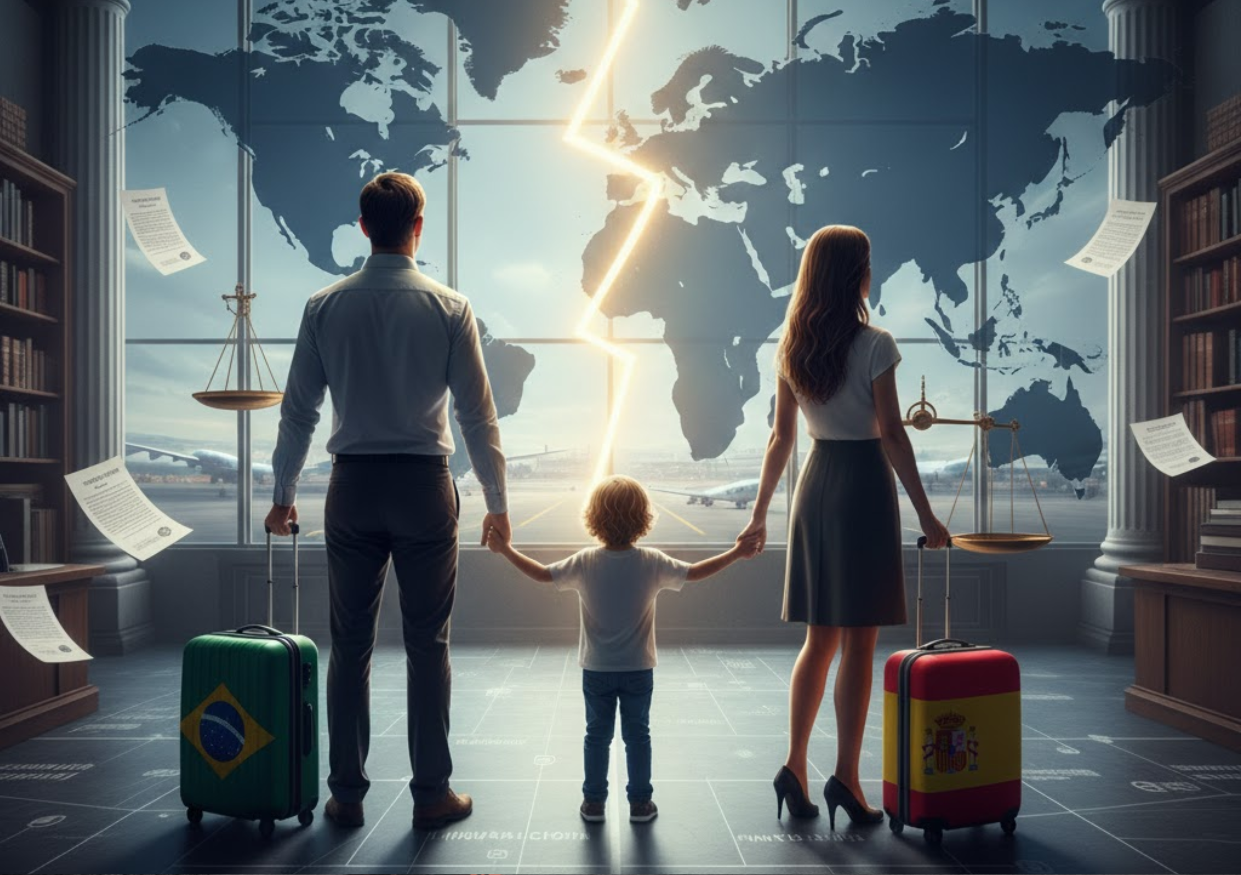 divórcio internacional, família dividida, mapa mundi, malas Brasil e Espanha, balanças da justiça