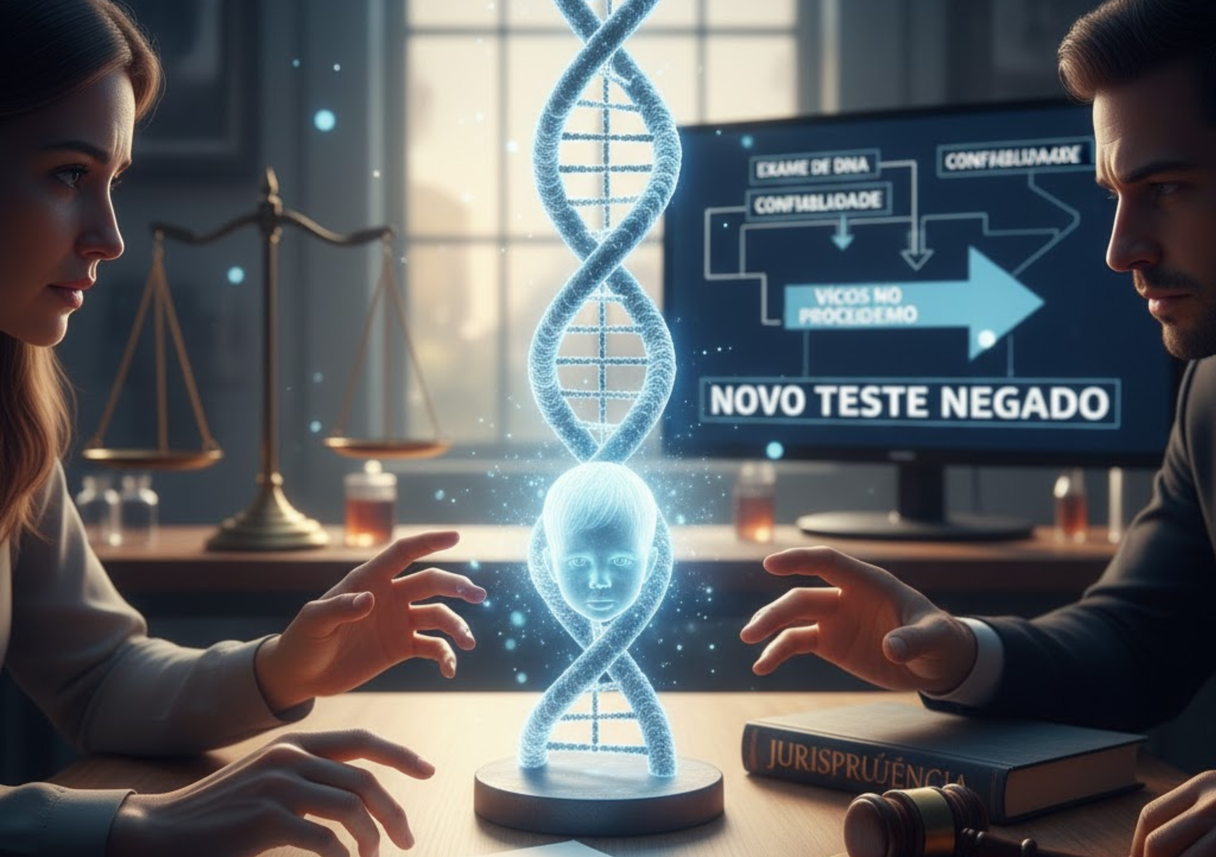Em uma mesa de escritório, uma mulher e um homem se olham atentamente, com as mãos abertas sobre a mesa, como em uma discussão ou negociação. Entre eles, flutua uma espiral de DNA azul brilhante, que incorpora sutilmente o rosto de um bebê em sua base, simbolizando a paternidade e a verdade biológica. Um documento na mesa está carimbado com a palavra 