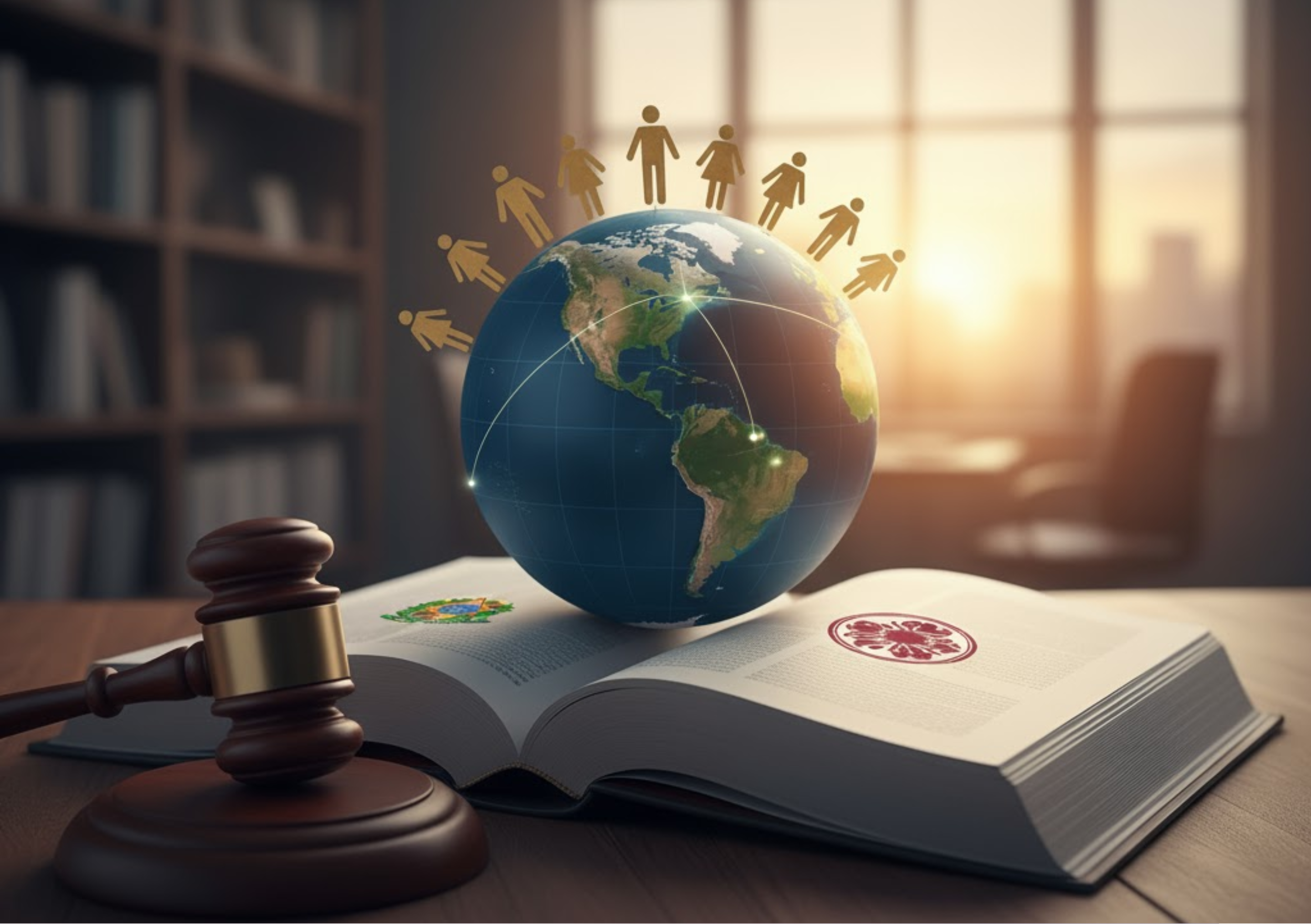 A judge's gavel (mallet) sits on an open law book, with a globe floating above, highlighting Brazil and the interconnectedness of various human figures (heirs) around the planet. The setting is an office lit by the setting sun, suggesting the prevalence of Brazilian law in international inheritance matters.