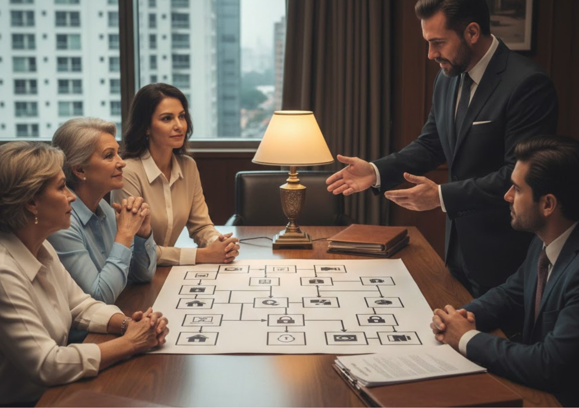 Foto humanizada de mãos sobrepostas em cima de um documento de planejamento patrimonial, simbolizando a união e o acordo familiar. Ao fundo, uma casa de alto padrão e um ambiente seguro, representando como a holding familiar realmente protege o patrimônio quando estruturada com estratégia jurídica e diálogo entre herdeiros.