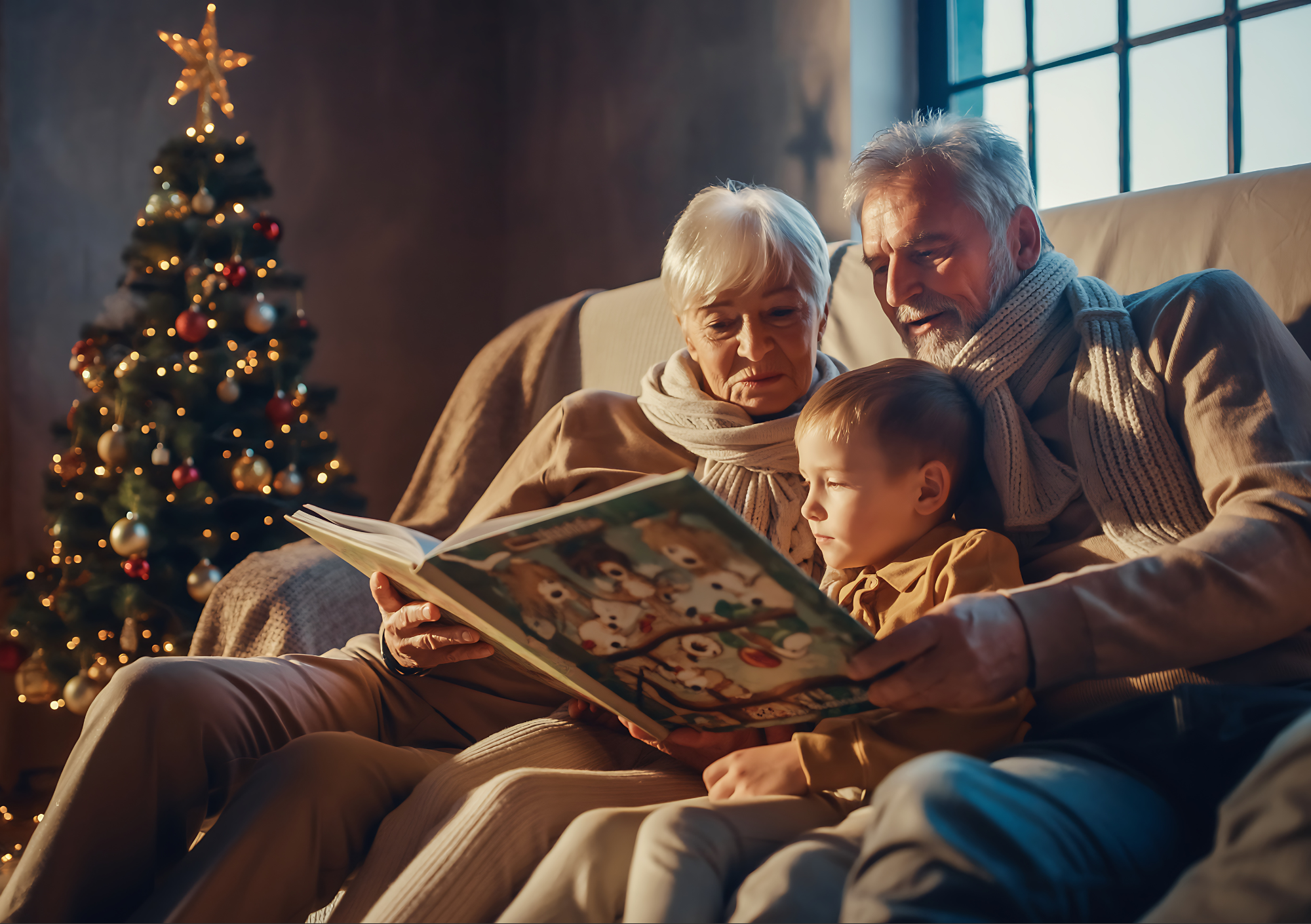 Avós lendo livro infantil para criança no sofá, com árvore de Natal ao fundo, cena de família e afeto em casa.