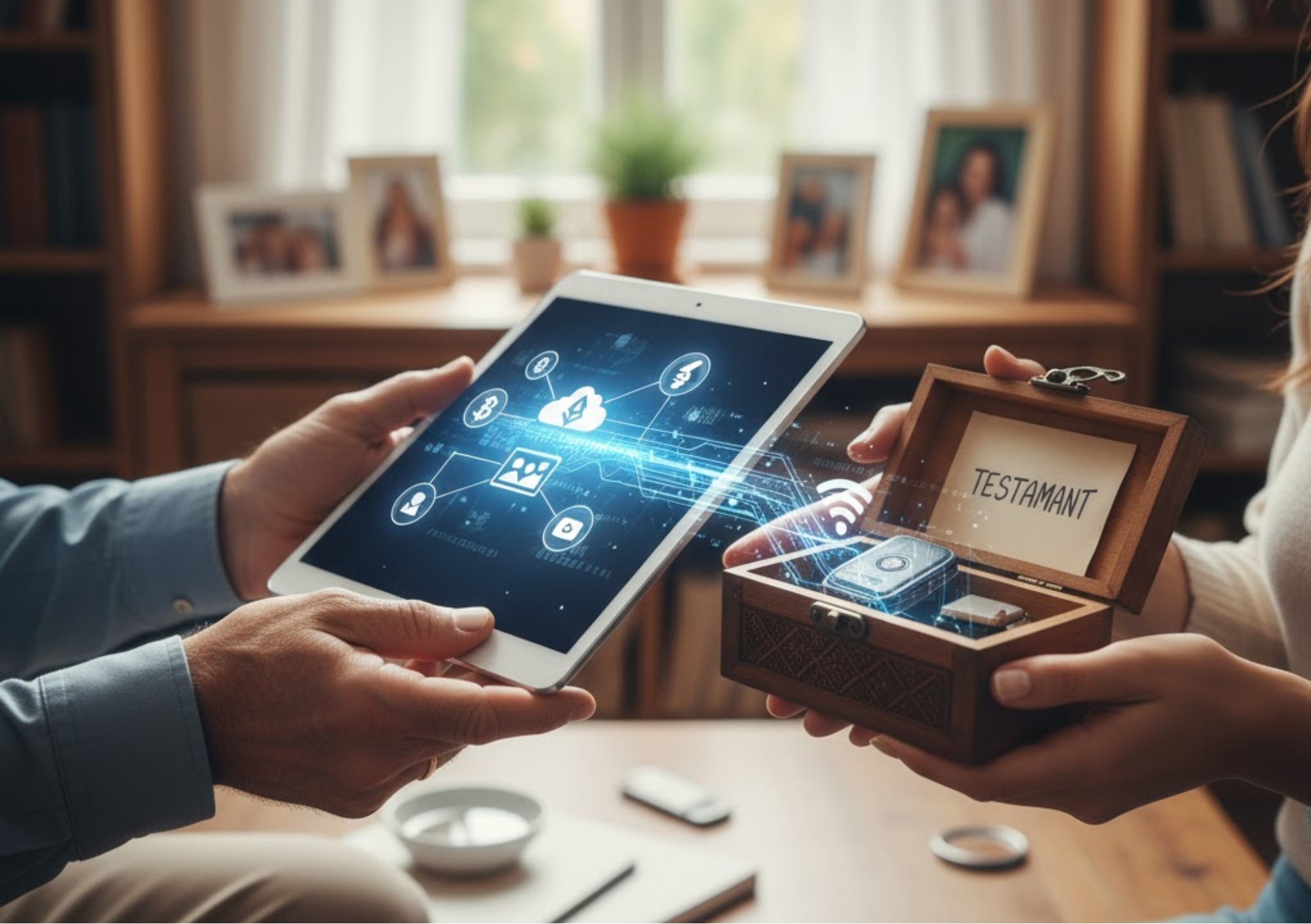 Mãos de duas pessoas, uma mostrando um tablet com ícones de ativos virtuais (nuvem, fotos, cadeado, rede social) e outra segurando um cofre de madeira aberto com um rótulo 