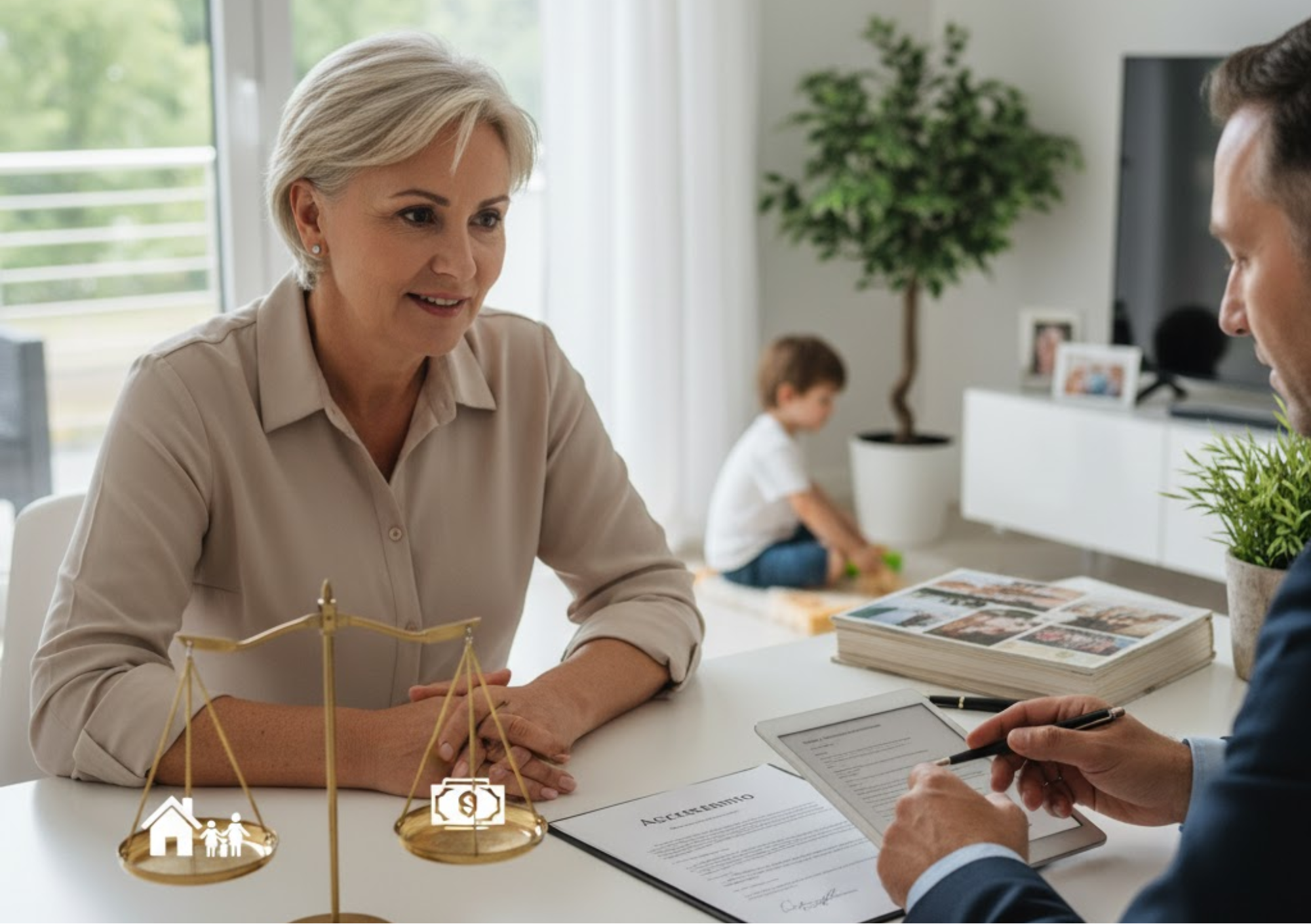 Mulher e advogado dialogando em uma mesa, com uma balança simbólica equilibrando a família e o dinheiro, representando as discussões sobre pensão e padrão de vida em um acordo de divórcio. O cenário transmite a busca por justiça e equilíbrio financeiro para um novo começo.