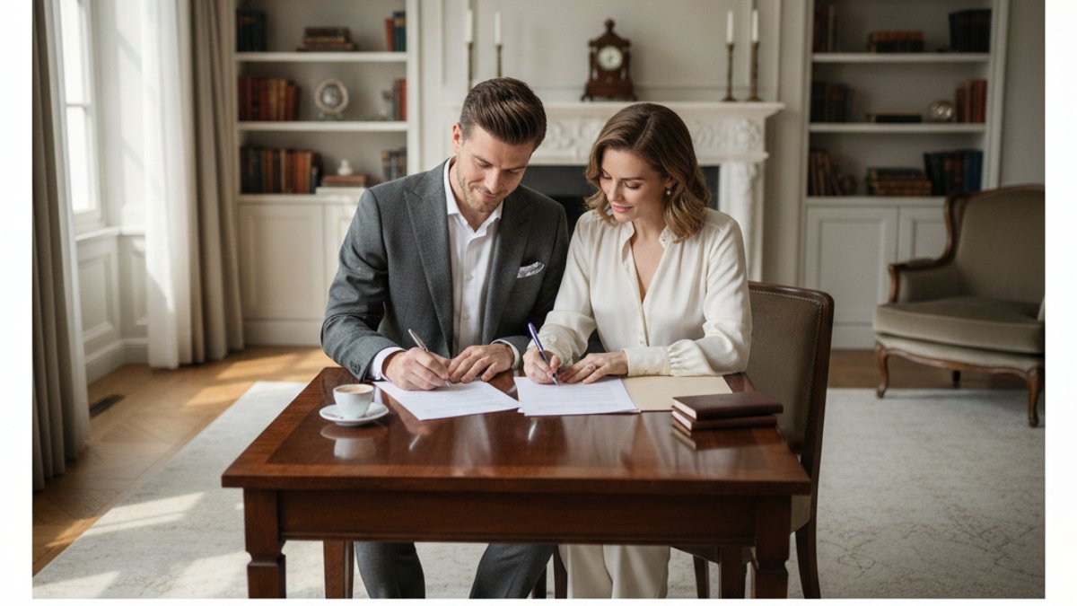 Casal elegante em ambiente refinado assinando um pacto antenupcial com caneta tinteiro