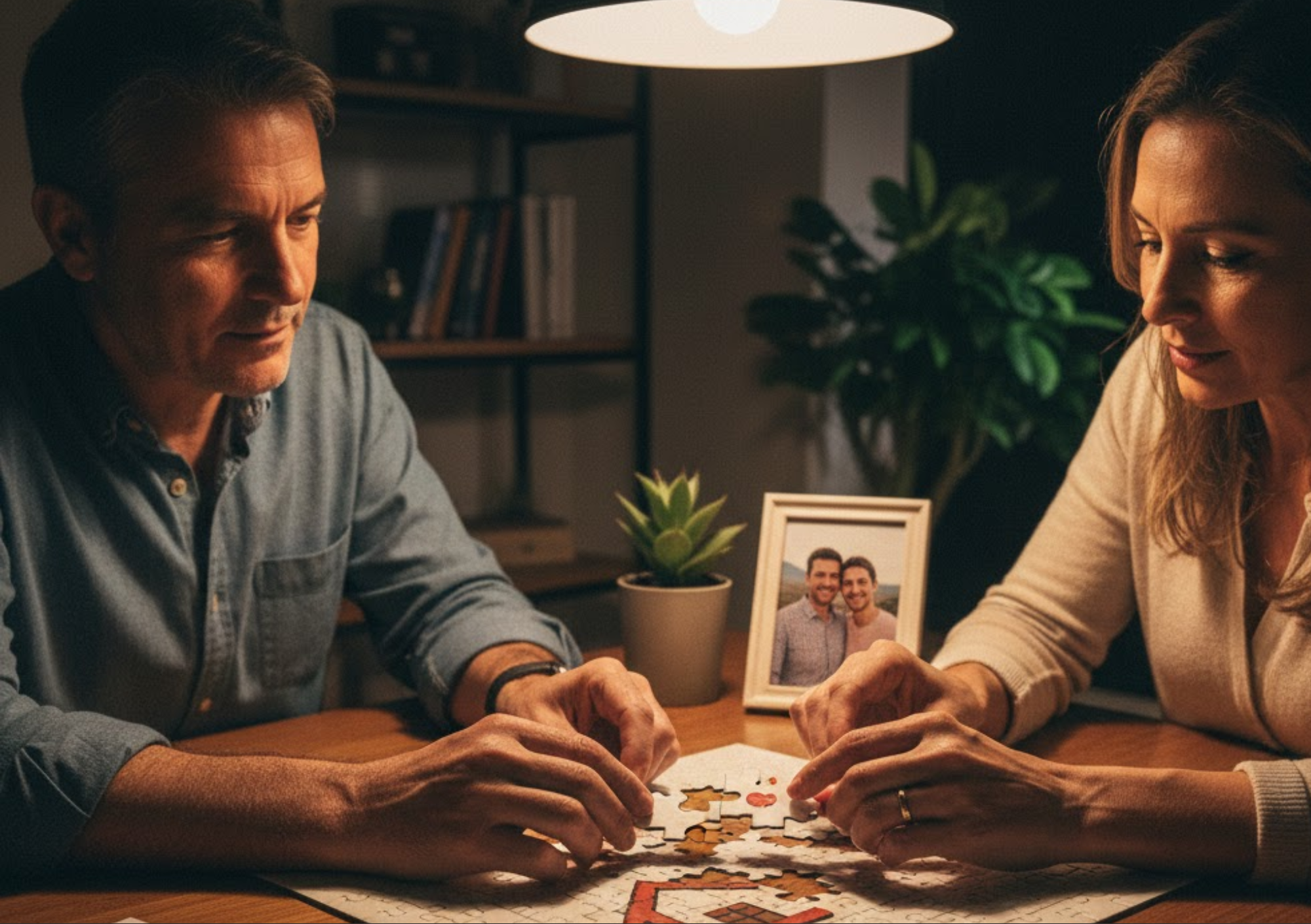 Um casal sentado à mesa de jantar de forma descontraída, manuseando juntos álbuns de fotos, contas de casa e documentos diversos, simbolizando a reunião de provas para o reconhecimento de união estável e a construção de uma vida em comum.