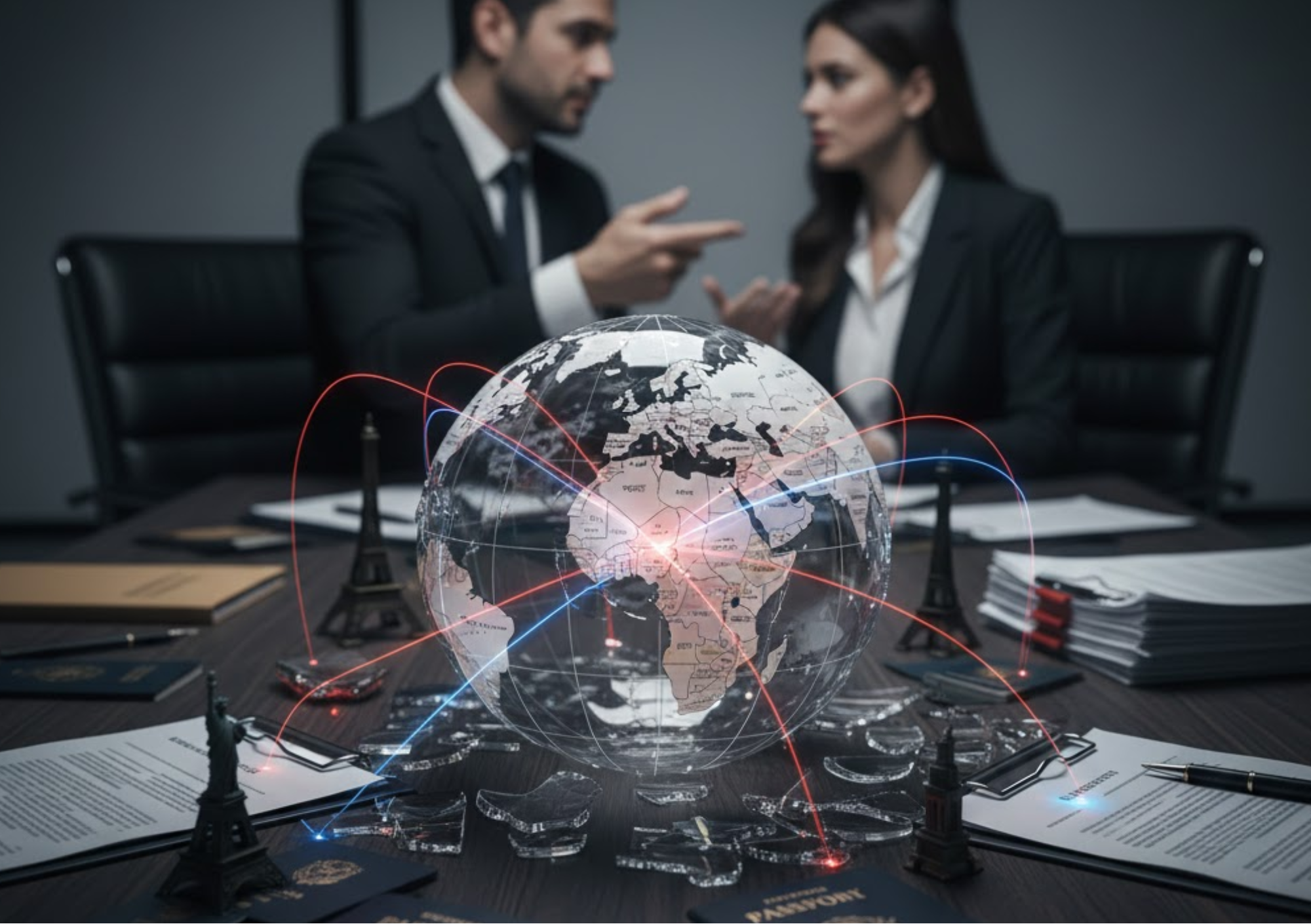 Imagem conceitual de divórcio internacional mostrando um passaporte, passagens aéreas e um pequeno globo terrestre sobre uma mesa de escritório de advocacia. A cena simboliza a complexidade jurídica e a necessidade de estratégia quando há mais de um país envolvido no processo de separação, guarda de filhos e partilha de bens.