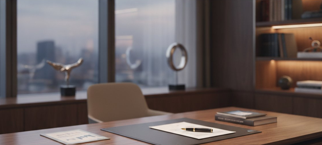 Ambiente elegante de escritório de advocacia com papéis organizados sobre mesa de madeira nobre.