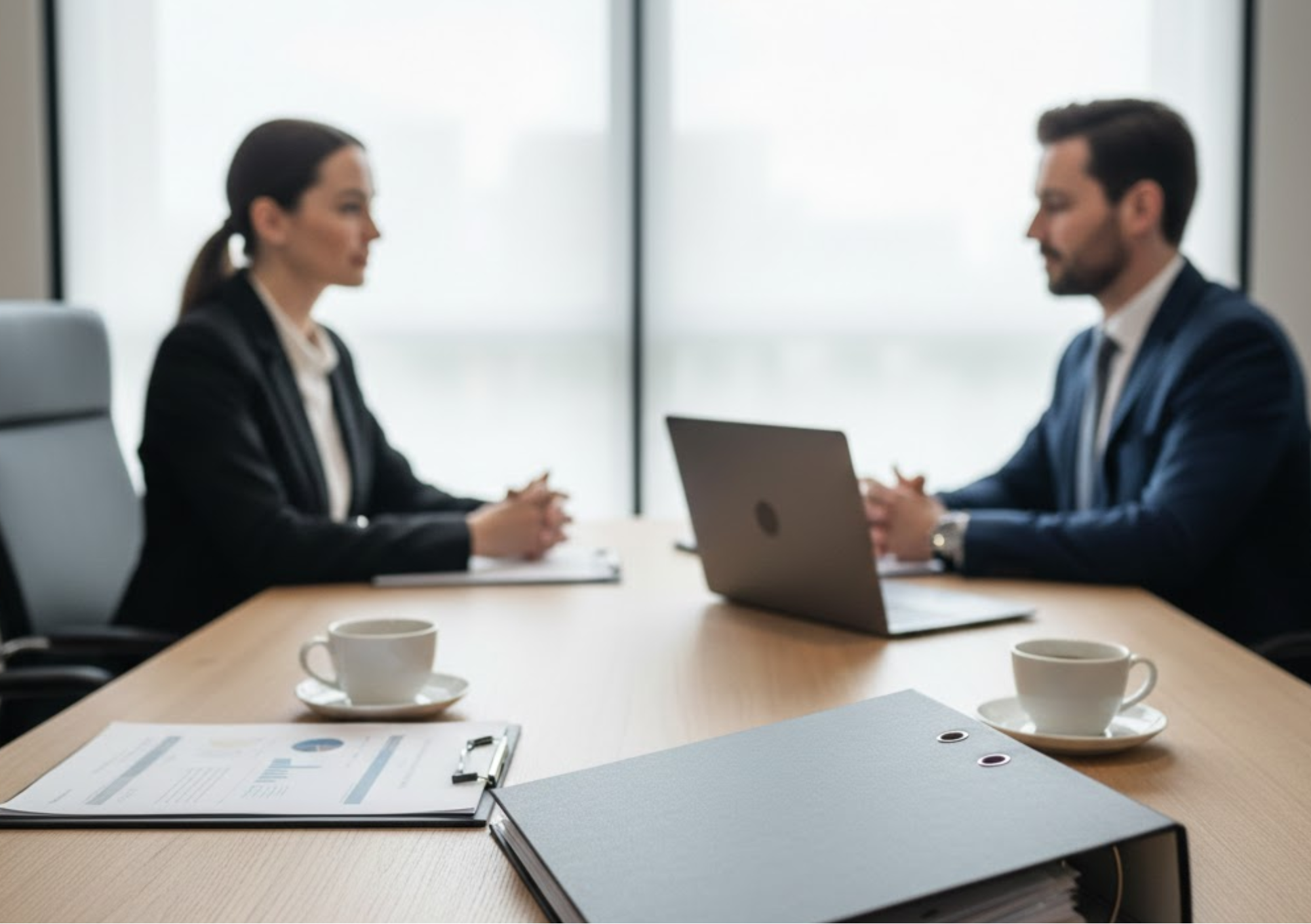 Escritório corporativo moderno com foco em uma mesa de reunião organizada, contendo dispositivos eletrônicos e pastas de documentos, simbolizando a gestão estratégica e a proteção patrimonial no divórcio com empresa familiar, visando a continuidade do negócio e o equilíbrio entre sócios