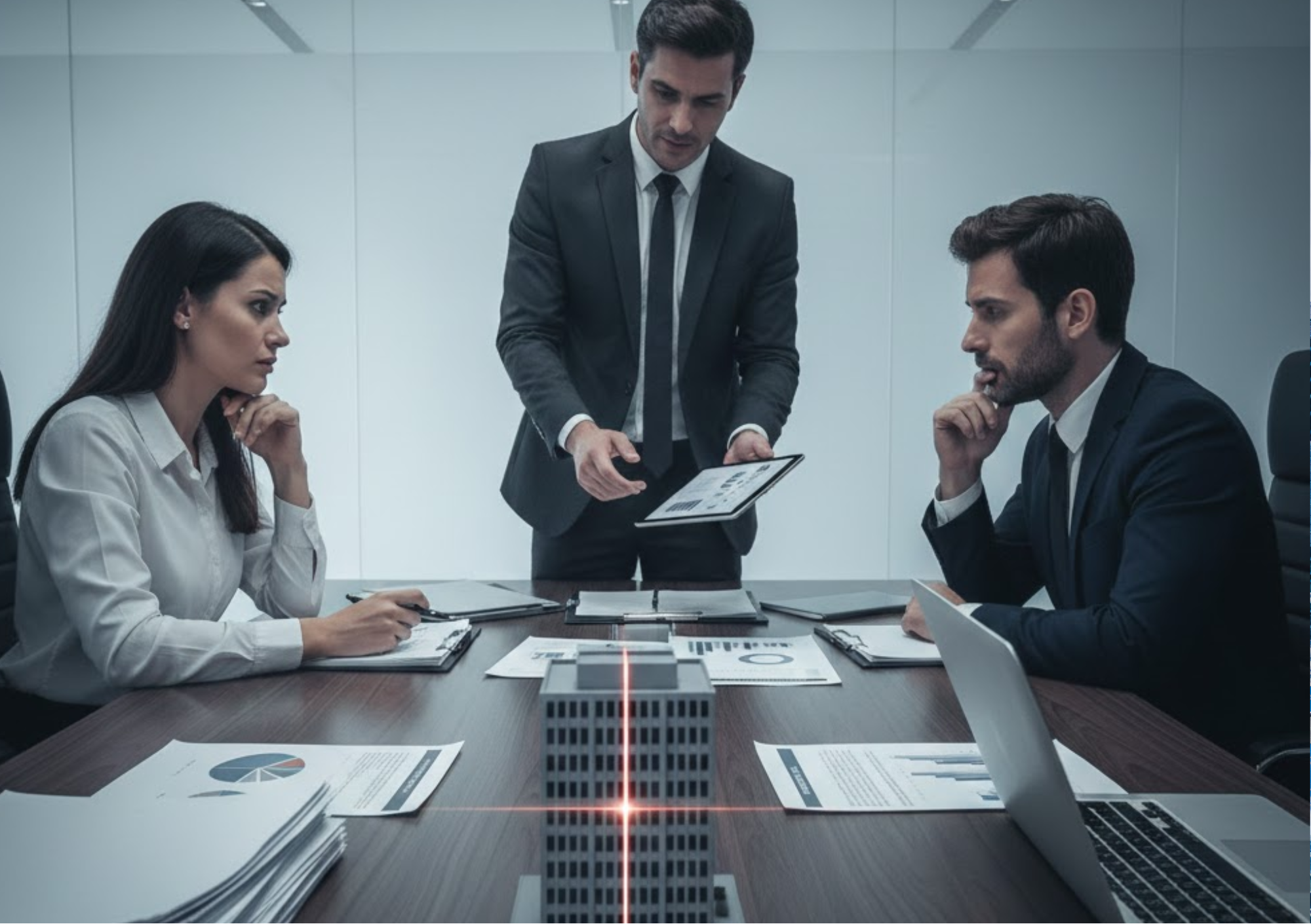 Reunião corporativa com negociação e documentos, ilustrando divórcio com empresa e proteção de participação societária e patrimônio.