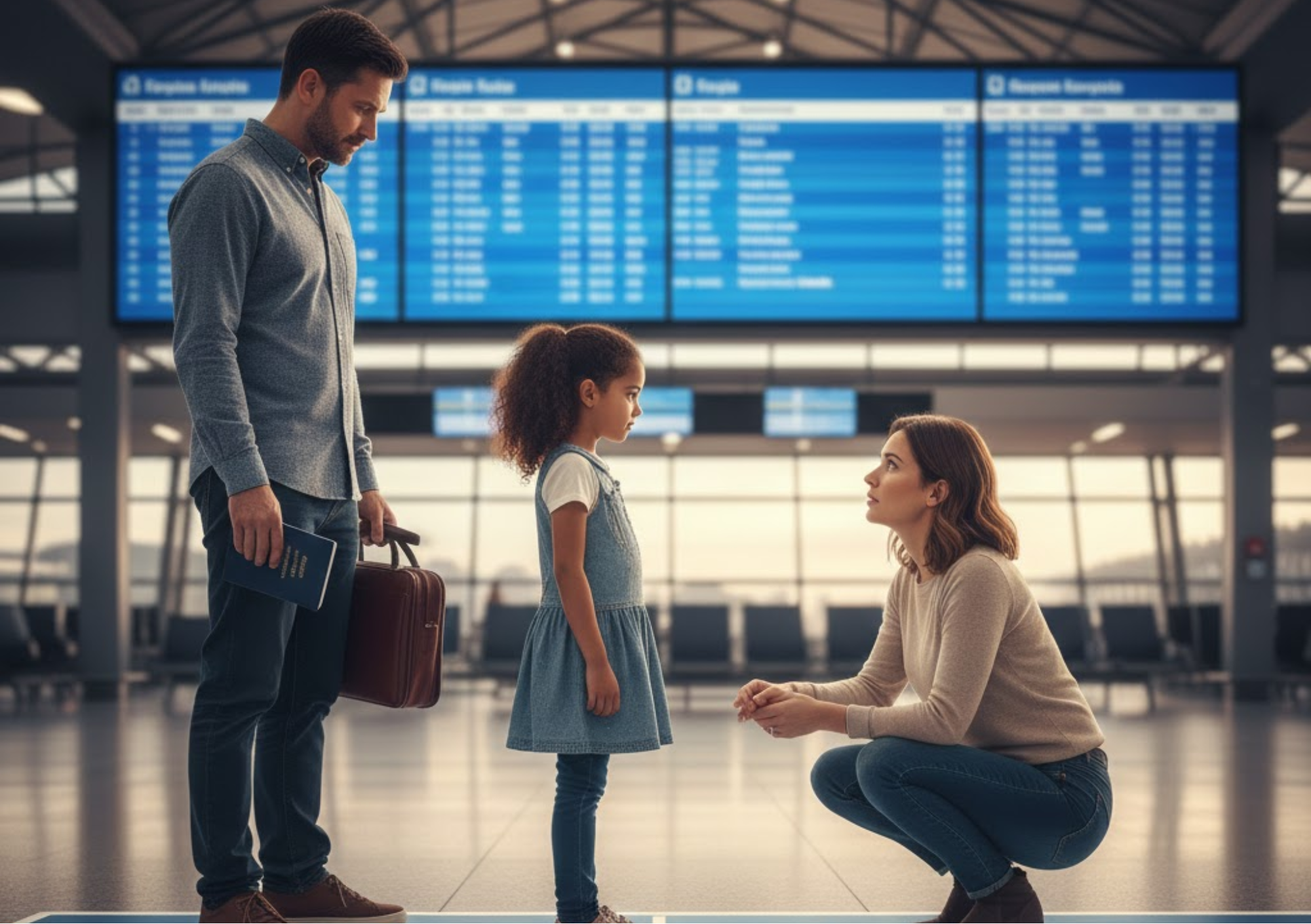Pais e filha em aeroporto sobre mapa Brasil e Estados Unidos, ilustrando guarda dos filhos em países diferentes e conflitos sobre mudança internacional.