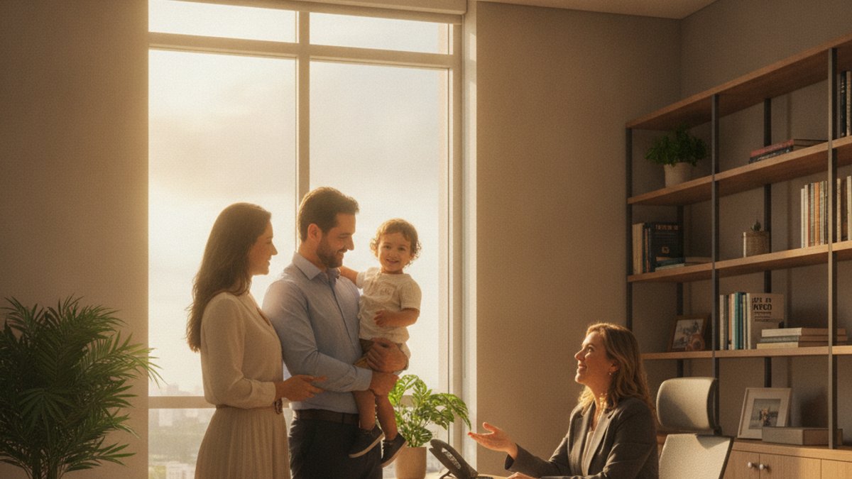 Pai e mãe conversando com serenidade sobre a guarda compartilhada dos filhos em um escritório de advocacia acolhedor.