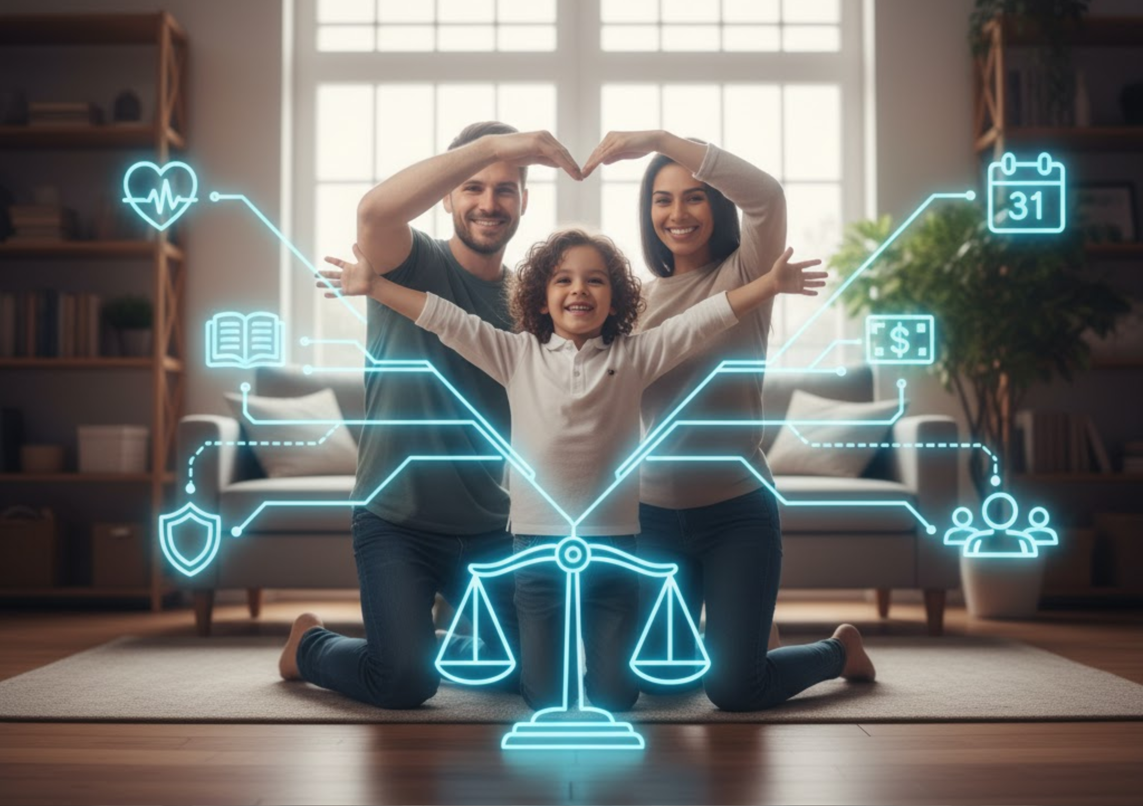 guarda compartilhada, família unida, pais e filho, balança da justiça, compromisso parental