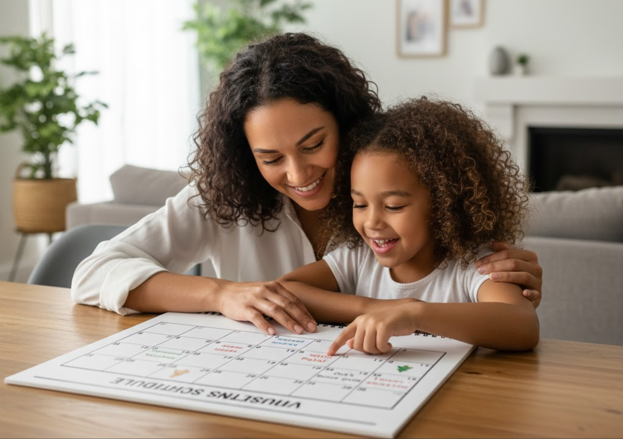 Mãe e filha sorrindo juntas enquanto planejam a regulamentação de visitas em um calendário colorido sobre a mesa.