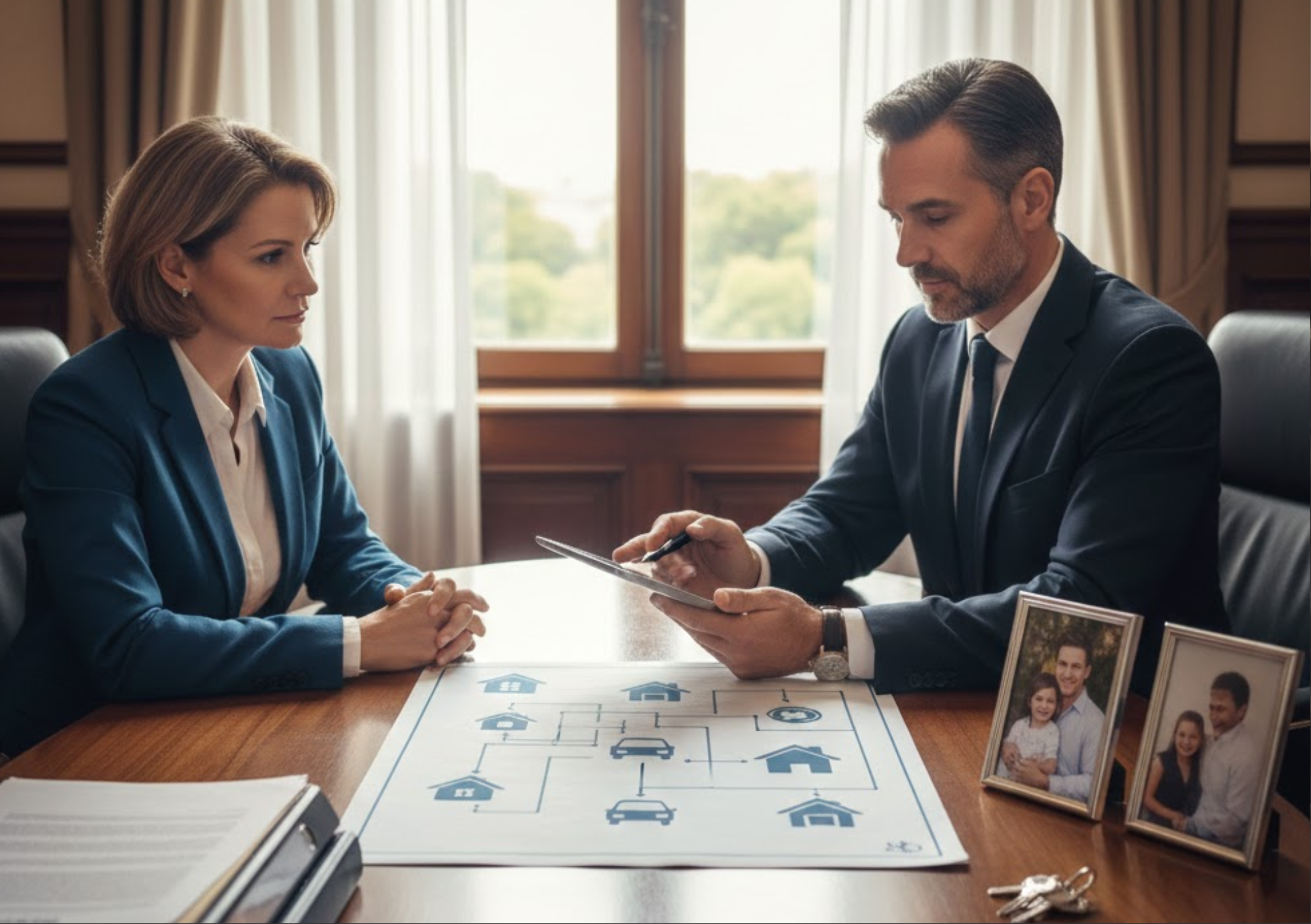 Casal em reunião discutindo partilha de bens no divórcio, com mapa patrimonial na mesa, imóveis e patrimônio em negociação.